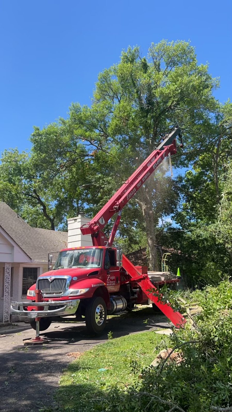 Bucket truck pruning a large shade tree in a front yard